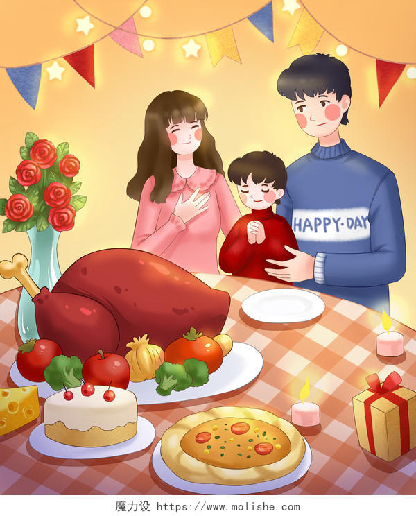 全家福节日卡通手绘感恩节一家人火鸡晚餐原创设计素材